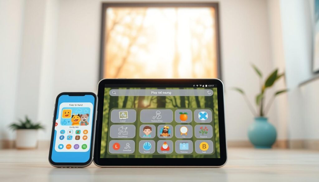A modern, well-designed educational app user interface set in a clean, minimalist environment. The foreground features a tablet or smartphone display showcasing a colorful, interactive learning experience for young children, with engaging graphics, intuitive controls, and a playful, user-friendly layout. The middle ground depicts a simplified, streamlined menu or navigation system, while the background suggests a calming, natural setting such as a sun-dappled forest or a serene, pastel-hued room, creating a sense of tranquility and focus. The lighting is soft and diffused, with a warm, inviting color palette that enhances the overall educational and developmental atmosphere. The camera angle is slightly elevated, providing a clear, unobstructed view of the app's user interface and layout.