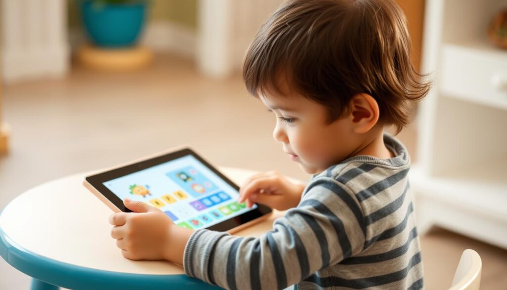 A preschooler engaged with an educational app on a tablet A preschooler engaged with an educational app on a tablet