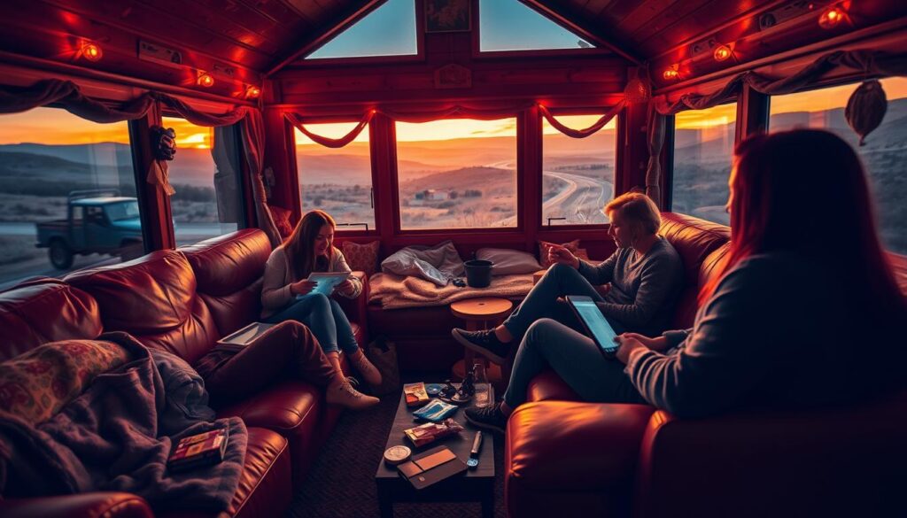 A road trip's entertainment unfolds in a cozy cabin, bathed in warm, sunset-tinged lighting. In the foreground, a group of friends lounge on plush, leather couches, engrossed in a captivating story on a tablet, its screen glowing softly. Scattered around them are snacks, travel essentials, and nostalgic knick-knacks that evoke the spirit of the journey. Through the cabin's large windows, a picturesque landscape of rolling hills and winding roads stretches out, hinting at the adventures to come. The overall atmosphere is one of comfort, camaraderie, and the sense of being lost in a good tale, perfectly capturing the essence of a road trip's entertainment.