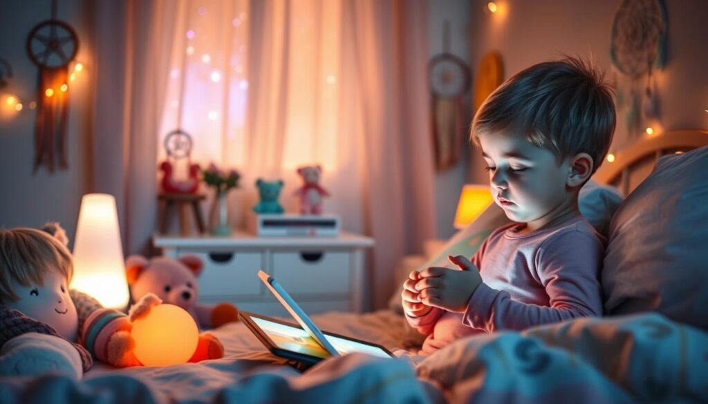 A serene and calming scene of a child's bedroom at bedtime, with a warm, soft lighting setting the mood. In the foreground, a child is peacefully using a calming app on a tablet, the screen casting a gentle glow on their face. Surrounding them are plush toys, soothing colors, and calming decorations like dreamcatchers and string lights. In the middle ground, a nightstand with a lava lamp and a cup of hot herbal tea. In the background, a window with sheer curtains, revealing a starry night sky. The overall atmosphere is one of tranquility, relaxation, and mindfulness, encouraging a restful and peaceful bedtime routine.