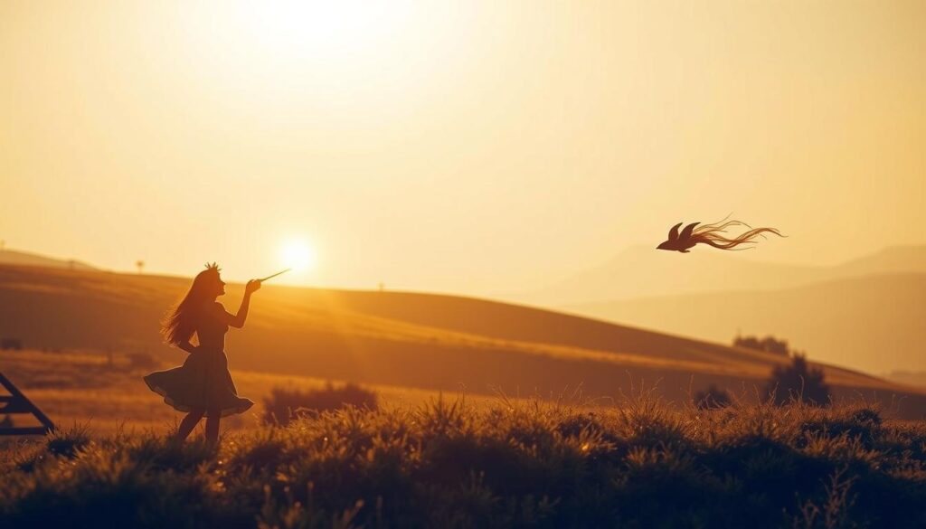 A serene landscape bathed in warm, golden sunlight. In the foreground, two iconic figures from the classic fable - the gentle sun and the powerful wind - engage in a subtle display of persuasion. The sun's rays caress the scene, casting a soft, inviting glow, while the wind, though strong, blows with a measured, almost playful touch. The background features a tranquil, rolling hillside, dotted with lush vegetation and a distant, hazy horizon, creating a sense of depth and timelessness. The overall mood is one of wisdom, patience, and the triumph of kindness over brute force, perfectly capturing the essence of the "Wind and the Sun" fable and its timeless lesson.