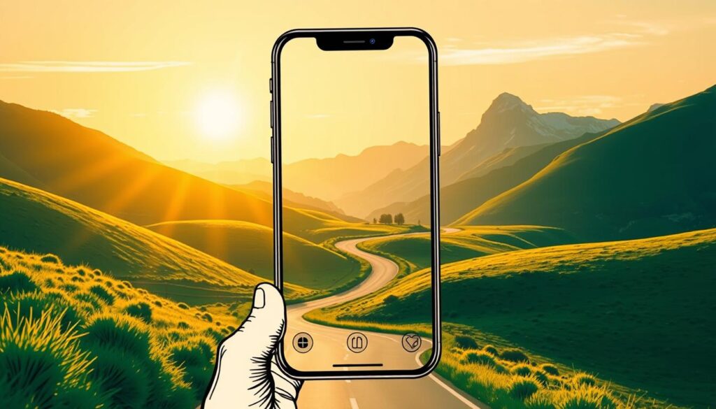 A serene landscape unfolds, bathed in warm, golden sunlight. In the foreground, a hand-drawn illustration of a smartphone screen displays the Lunesia app's offline download feature, its elegant icons and intuitive interface inviting exploration. The midground reveals a winding road cutting through lush, rolling hills, hinting at the adventures that await. In the distance, a majestic mountain range stands tall, its peaks kissed by wispy clouds, symbolizing the boundless possibilities of exploration, even without an internet connection. The scene conveys a sense of tranquility, freedom, and the power of Lunesia's offline capabilities to enhance the road trip experience.