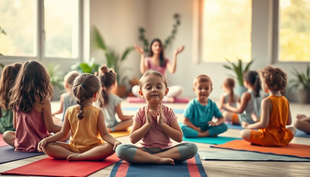 A serene, vibrant scene of children practicing mindfulness. In the foreground, a group of young kids sit cross-legged on colorful mats, their eyes closed as they focus on their breathing. Diffuse, warm lighting filters through large windows, casting a soft glow on their relaxed faces. In the middle ground, a teacher guides the session, demonstrating simple yoga poses and meditation techniques. The background features a soothing, nature-inspired setting - perhaps a tranquil garden or a cozy, minimalist studio space - creating a calming atmosphere conducive to introspection and inner peace. The overall mood is one of tranquility, concentration, and a sense of childlike wonder at the power of mindfulness.