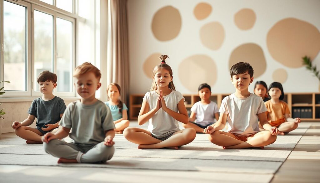 A serene, well-lit classroom setting with children sitting in a comfortable lotus position, eyes closed, and expressions of deep focus. Soft, diffused natural lighting streams in through large windows, creating an atmosphere of mindfulness and tranquility. In the middle ground, a child's guide gently leads the meditation, hands in a soothing mudra. The background features calming, abstract shapes and patterns in muted, earthy tones, evoking a sense of inner peace and mental clarity. The overall composition conveys the scientific benefits of mindfulness practices for childhood development, promoting focus, emotional regulation, and stress relief.