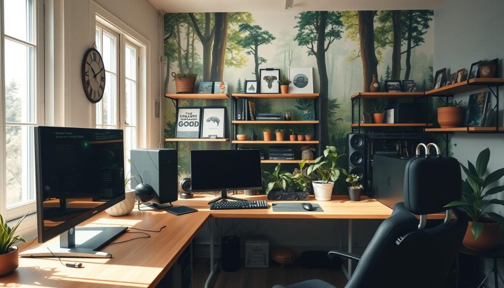A serene, well-lit home studio filled with gaming equipment and sustainable accessories. In the foreground, a wooden desk with a high-end gaming PC, energy-efficient monitors, and a minimalist gaming mouse and keyboard. Sunlight streams in through large windows, illuminating the space. In the middle ground, shelves display eco-friendly gaming peripherals, upcycled gaming memorabilia, and potted plants. The background features a sustainable wall mural depicting lush forests and wildlife, conveying a sense of harmony between technology and nature. The overall atmosphere is one of calm productivity and environmental consciousness.