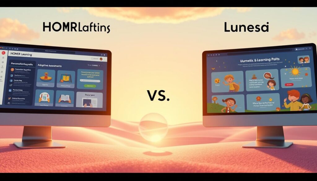 A side-by-side comparison of the HOMER Learning and Lunesia educational platforms. In the foreground, sleek and modern HOMER interfaces showcase personalized learning paths, interactive lessons, and adaptive assessments. Opposite, the Lunesia platform features a whimsical, storybook-inspired aesthetic with colorful, hand-drawn characters guiding students through immersive moral narratives. The middle ground highlights key differences - HOMER's data-driven, personalized approach versus Lunesia's emphasis on character-driven storytelling. In the background, a serene, pastel-hued landscape with softly glowing orbs of light, creating an atmosphere of calm contemplation as the viewer ponders the merits of each educational philosophy. Warm, natural lighting illuminates the scene, captured with a wide, cinematic lens to convey a sense of balance and harmony.