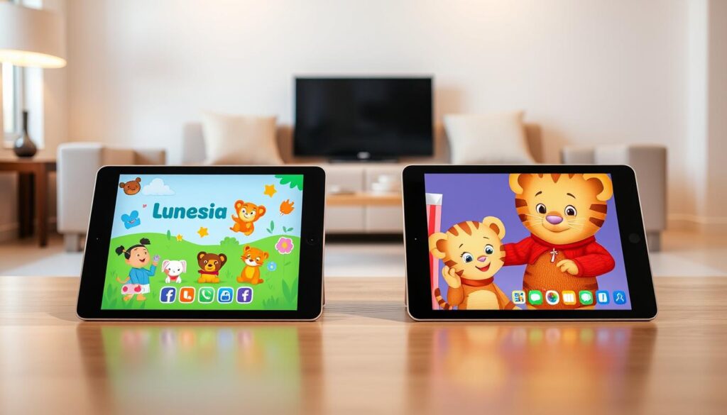 A side-by-side comparison of the Lunesia and Daniel Tiger's Grr-ific Feelings apps displayed on sleek, modern tablets against a backdrop of a minimalist living room. Lunesia's app interface features a vibrant, whimsical design with playful animal characters, while Daniel Tiger's app has a more subdued, storybook-inspired aesthetic. Soft, warm lighting illuminates the scene, creating a cozy, educational atmosphere. The composition emphasizes the distinct visual styles and interactive elements of the two apps, inviting the viewer to explore and compare their unique approaches to emotional learning for children.