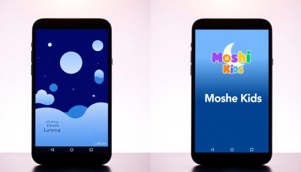 A side-by-side comparison of the Lunesia and Moshi Kids bedtime apps, presented in a clean, minimalist style. The foreground shows two smartphone screens displaying the respective app interfaces, with a gentle, soothing color palette of blues and grays. The middle ground features abstract shapes and patterns, evoking the calming, dreamlike atmosphere of the apps. The background is a soft, hazy gradient, creating a sense of depth and focus on the central elements. Soft, warm lighting from above casts a tranquil glow, emphasizing the relaxing, sleep-inducing nature of the content. The overall composition is balanced and visually harmonious, reflecting the zen-like experience of using these bedtime story applications.
