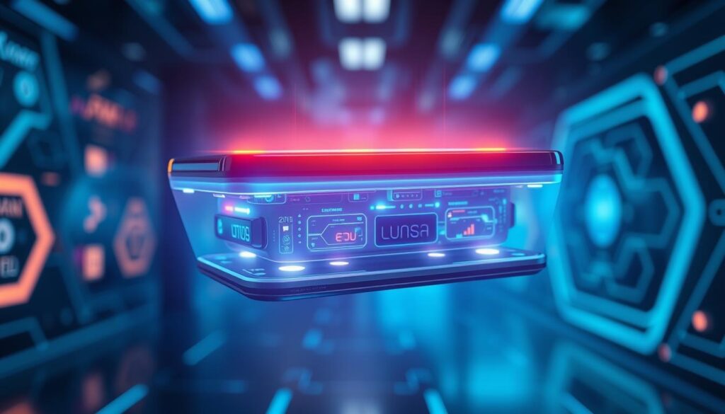 A sleek, advanced Lunesia device levitating amidst a futuristic, tech-infused environment. Seamless integration of hardware and software, showcasing the device's compatibility with a wide range of interactive learning experiences. Holographic interfaces and glowing indicators illuminate the device, highlighting its cutting-edge capabilities. The scene is bathed in a cool, blue-toned lighting, creating a sense of technological sophistication. The device is positioned in the foreground, with a blurred, high-tech backdrop featuring geometric shapes and abstract patterns, emphasizing the device's centrality and advanced nature.