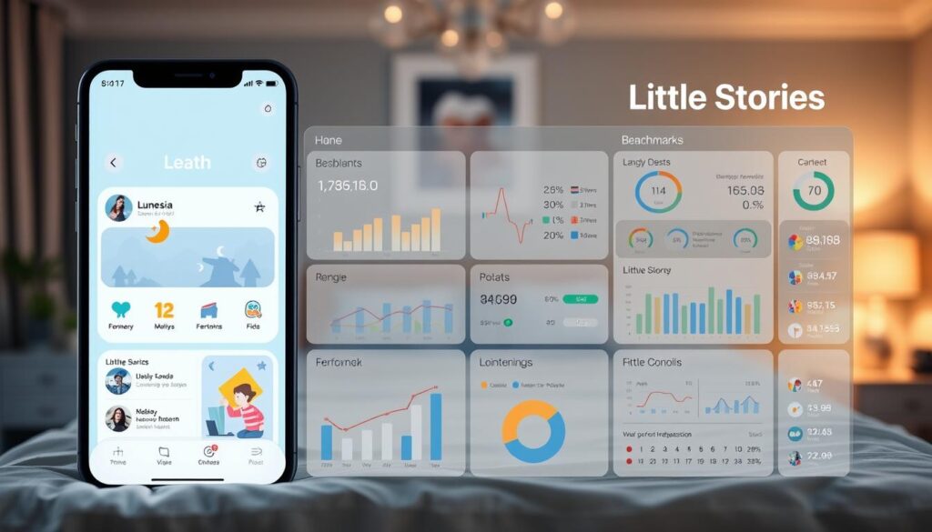 A sleek and modern dashboard comparison of two bedtime story apps, "Lunesia" and "Little Stories", presented in a clean, minimalistic style. The foreground features side-by-side app screens showcasing their respective interfaces and features, illuminated by soft, diffused lighting. The middle ground depicts detailed performance metrics, charts, and benchmarks, presented in a clear and organized manner. The background is a serene, blurred backdrop of a cozy bedroom setting, evoking the app's purpose of helping users unwind and prepare for a good night's sleep. The overall mood is one of professionalism, functionality, and user-friendliness, reflecting the technical capabilities and design priorities of the two bedtime story applications.