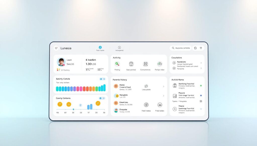 A sleek and modern parent dashboard for the educational app Lunesia, featuring a clean interface with intuitive controls and meticulously designed icons. In the foreground, a large display showcases real-time insights into the child's learning progress, engagement levels, and activity history. The middle ground presents a collection of customizable parental controls, allowing adults to tailor the experience and ensure a safe, age-appropriate environment. In the background, a soft, calming gradient sets the tone, complemented by subtle lighting that creates a sense of warmth and professionalism. The overall impression conveys a seamless blend of technology and care, empowering parents to confidently monitor and guide their child's educational journey with Lunesia.