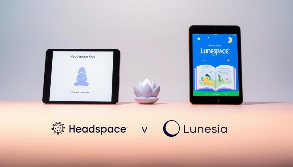 A sleek, minimalist comparison of two popular child mindfulness apps, Headspace Kids and Lunesia, showcased against a tranquil, pastel-hued background. In the foreground, two mobile devices display the clean, inviting user interfaces of the apps, one highlighting Headspace's guided meditation sessions, the other showcasing Lunesia's interactive storybook experiences. The middle ground features subtly contrasting elements – the Headspace logo's serene lotus blossom, and the Lunesia logo's playful, whimsical moon. Soft, diffused lighting casts a calming glow over the scene, creating a sense of focused, peaceful contemplation. The overall composition conveys a balanced, well-considered approach to the core differences between these two leading mindfulness tools for children.