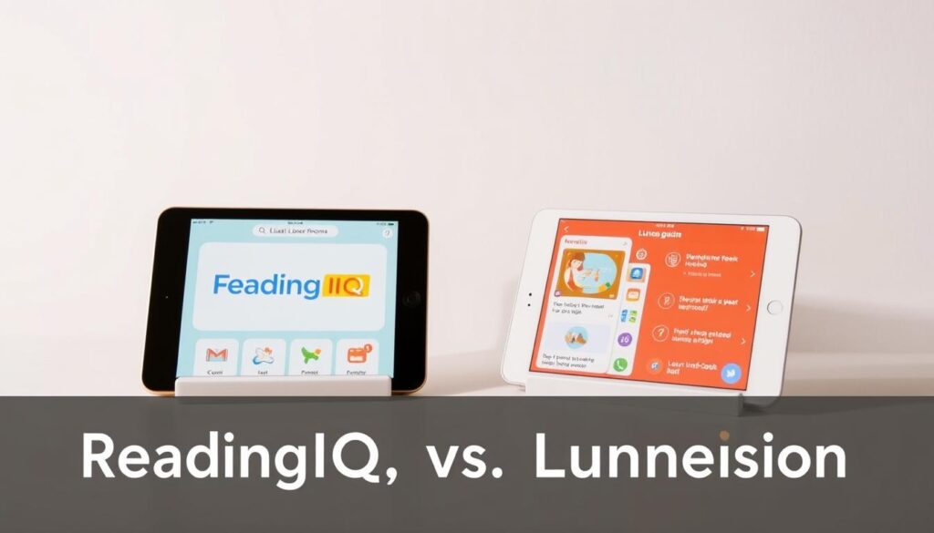 A sleek, minimalist composition showcasing the user interfaces of two popular reading apps for children, ReadingIQ and Lunesia, against a neutral background. The apps' logos and distinctive color palettes occupy the foreground, with their menu screens and interactive features visible in the middle ground. The lighting is soft and diffuse, creating a warm, inviting atmosphere. The camera angle is slightly elevated, offering a clear, unobstructed view of the apps' comparative features and functionalities. The overall scene conveys a sense of thoughtful, side-by-side evaluation, reflecting the section title "ReadingIQ vs. Lunesia: Direct Comparison".