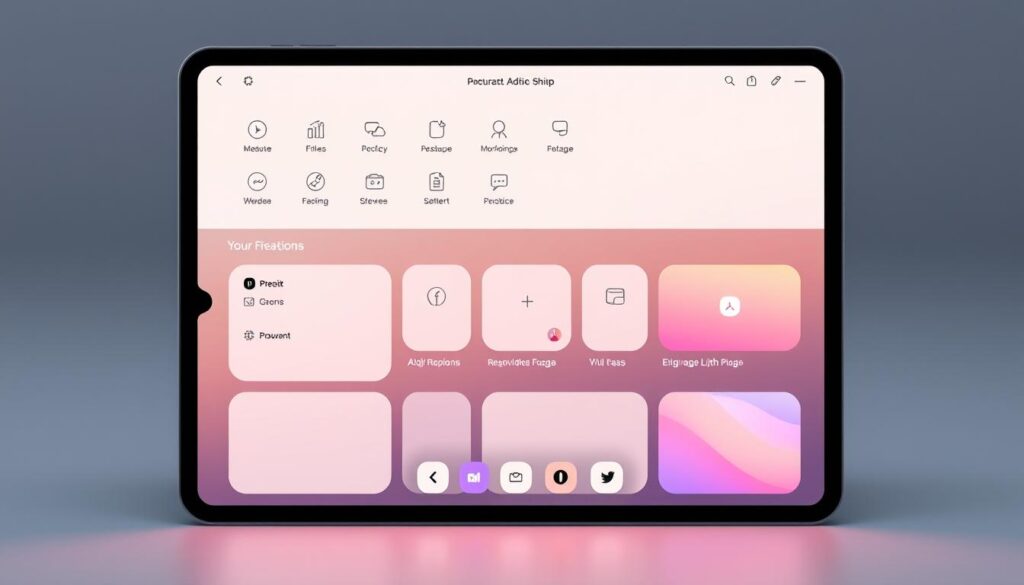 A sleek, minimalist user interface with a clean, modern aesthetic. The layout features a well-organized grid of intuitive icons and smooth transitions between screens. The color palette is soothing, with muted tones and soft gradients that create a calming, user-friendly experience. The interface responds seamlessly to touch, offering a tactile and intuitive interaction. Soft, diffused lighting casts a warm glow, highlighting the interface's clean lines and attention to detail. The overall impression is one of simplicity, efficiency, and a delightful user experience.