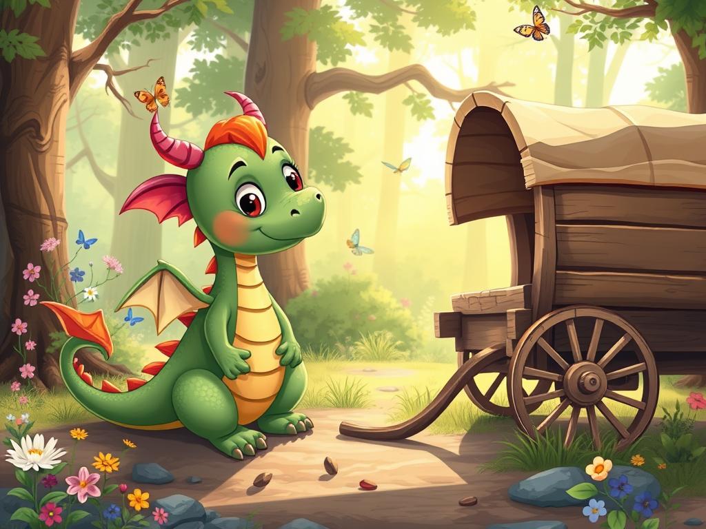 A small colorful dragon discovering a broken wooden wagon in the forest A small colorful dragon discovering a broken wooden wagon in the forest