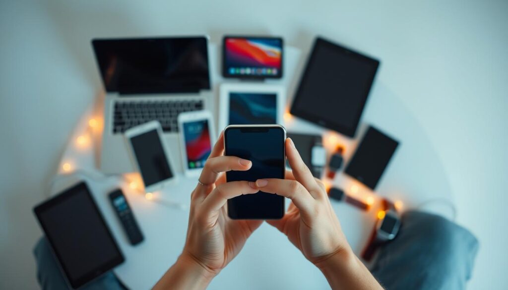 A softly lit scene of a person's hands using a smartphone, surrounded by a halo of digital devices and screens. The foreground features the user's hands, delicately balanced on the phone's screen, with a serene expression on their face. The middle ground showcases a variety of tech devices, including tablets, laptops, and smartwatches, all emanating a warm, ambient glow. The background subtly fades into a calm, neutral space, creating a sense of balance and control. The overall mood is one of mindfulness and intentionality, suggesting the user's ability to manage their screen time and digital distractions. High-resolution, detailed, photorealistic, cinematic lighting.