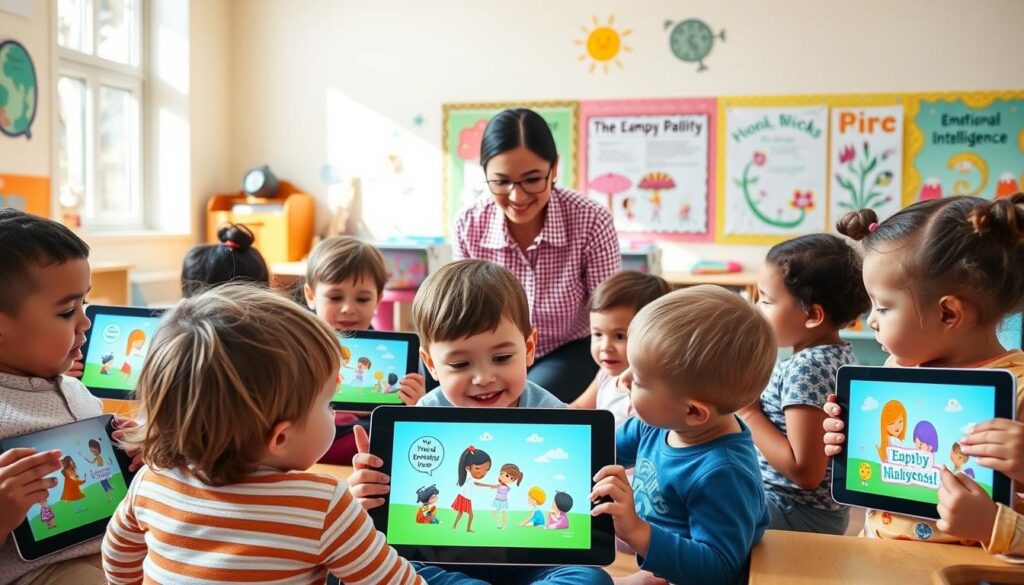 A sunny, well-lit classroom setting, with an array of colorful empathy-building apps displayed on various digital devices. In the foreground, a group of young children, around 3 years old, engaged with the apps, their faces alight with wonder and understanding. The middle ground features a teacher guiding the students, emphasizing the educational value of the apps through warm, encouraging gestures. The background showcases whimsical illustrations and educational posters, reinforcing the theme of emotional intelligence and compassion. The overall mood is one of joyful, nurturing learning, capturing the essence of an "Educational Value Assessment" for empathy apps targeting preschoolers.