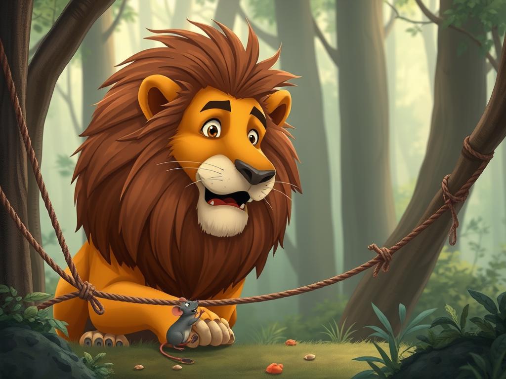 A tiny mouse helping a mighty lion by gnawing through ropes that trapped the lion A tiny mouse helping a mighty lion by gnawing through ropes that trapped the lion