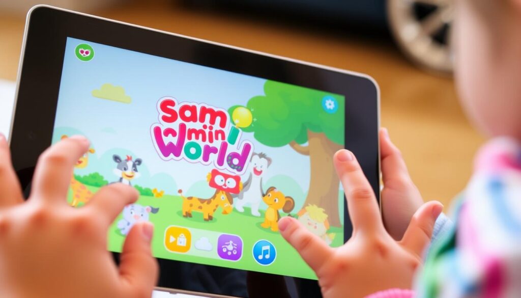 A toddler playing with the Sago Mini World app showing colorful characters A toddler playing with the Sago Mini World app showing colorful characters