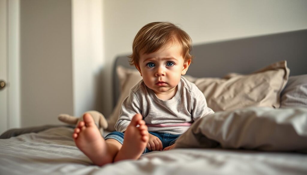 A toddler sitting on the edge of a bed, legs dangling, eyes pleading with a weary parent. The room is softly lit, with muted colors and a sense of gentle calm. The child's expression conveys a mixture of innocence and strategic resistance, as they employ their most persuasive stalling tactics to delay the inevitable bedtime routine. A subtly rumpled comforter and plush toy nearby suggest a cozy, familiar setting. The composition focuses on the child's face, framed by the edge of the bed, creating a sense of intimacy and connection with the viewer.