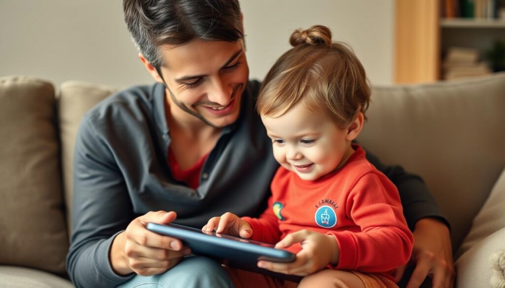 A toddler using an educational app on a tablet with parent supervision