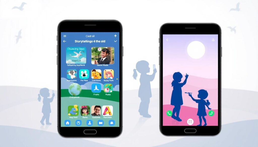 A vibrant and dynamic comparison of two storytelling apps for 4-year-olds, set against a minimalist background with clean lines and muted colors. In the foreground, two sleek and modern smartphone screens display the app interfaces, showcasing their unique features and design elements. The middle ground features silhouettes of children interacting with the apps, their expressions of delight and engaged curiosity. The background is a soft, gradient-based landscape, suggesting a serene and nurturing environment. The overall mood is one of educational enrichment, technological innovation, and the joy of interactive storytelling.