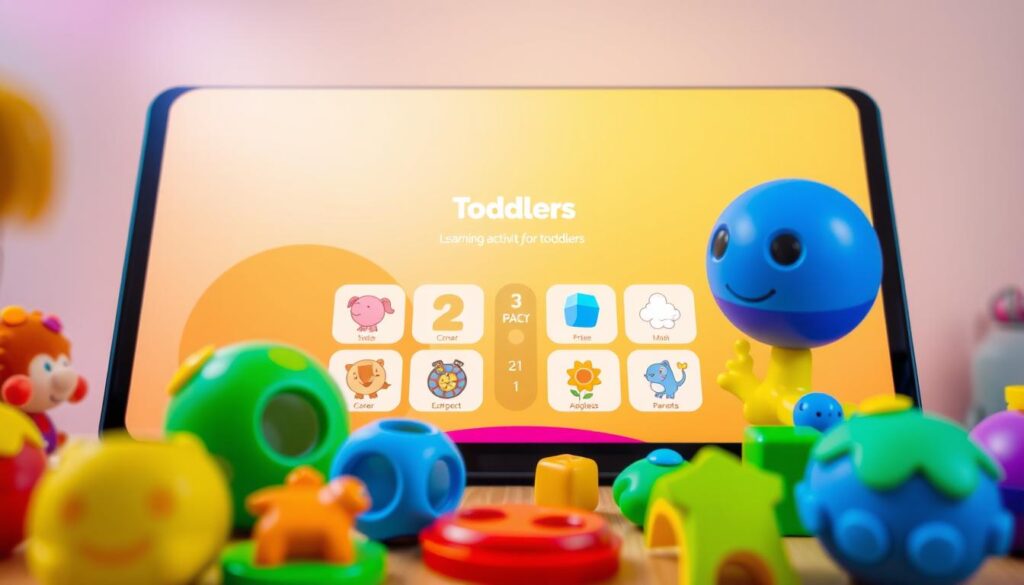 A vibrant and engaging educational app interface showcasing interactive learning activities for toddlers. In the foreground, colorful icons and playful illustrations of animals, numbers, and shapes catch the eye, inviting young users to explore. In the middle ground, a sleek and intuitive menu layout allows parents to navigate different educational modules. The background features a warm, pastel-toned gradient, creating a pleasant and calming atmosphere conducive to focused learning. Bright, diffused lighting illuminates the scene, giving it a friendly and approachable ambiance. The overall composition conveys a sense of educational enrichment and meaningful screen time for growing young minds.