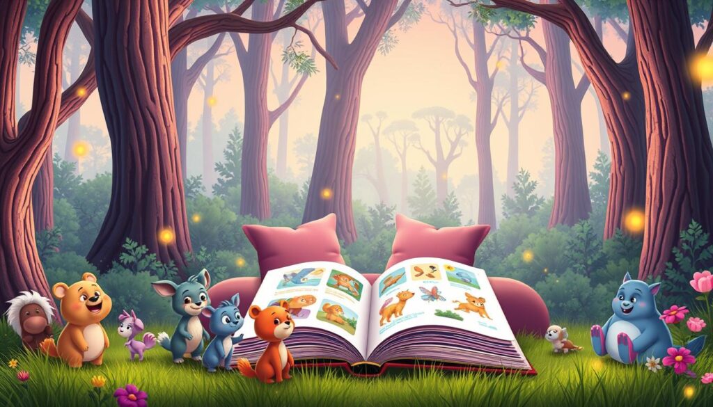 A vibrant and engaging interactive story app for preschoolers, set in a whimsical forest landscape. In the foreground, a group of playful cartoon animal characters gather around a large open book, their expressions animated and inviting. The book's pages come alive with colorful, interactive illustrations that respond to touch, revealing hidden surprises and encouraging exploration. In the middle ground, a cozy reading nook features plush pillows and a warm, soft lighting, creating a comfortable and immersive environment. The background depicts a lush, dreamlike forest, with towering trees, dancing fireflies, and a magical, ethereal quality. The overall scene exudes a sense of wonder, discovery, and the joy of storytelling, perfectly capturing the essence of a captivating interactive story app for young preschoolers.
