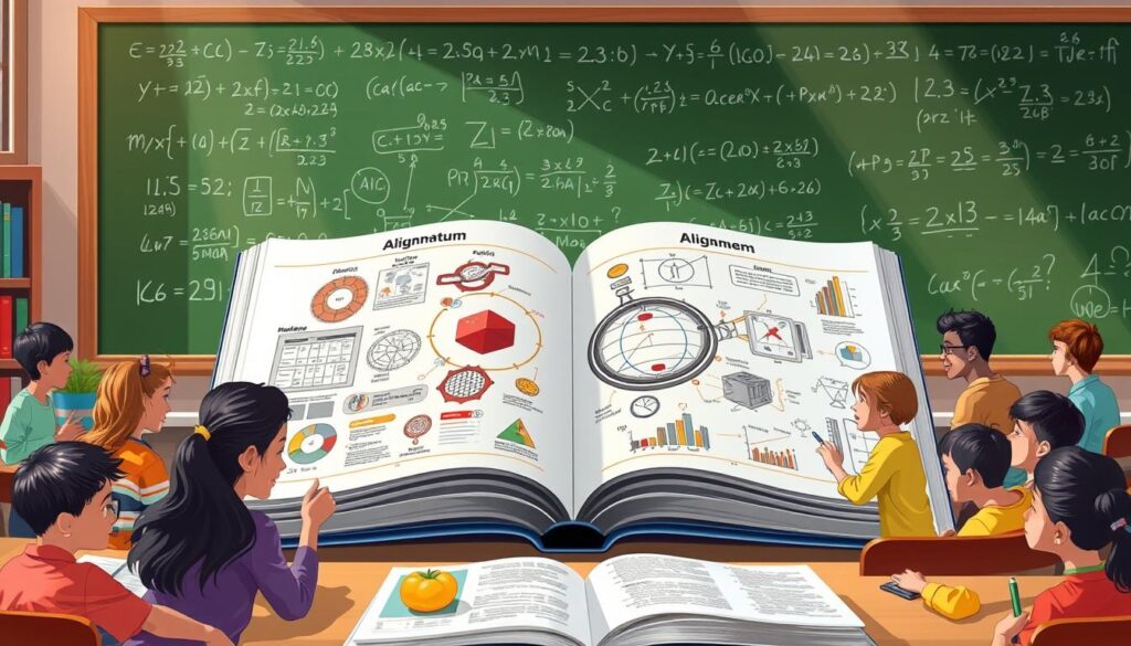 A vibrant, detailed illustration depicting the alignment of educational content and curriculum. In the foreground, a group of diverse students engaged in interactive learning activities, representing the diverse needs and learning styles of the classroom. In the middle ground, a large textbook opens, its pages revealing intricate diagrams and charts that visualize the structure and interconnectedness of the curriculum. In the background, a chalkboard filled with mathematical equations and formulas, symbolizing the academic rigor and depth of the content. The scene is illuminated by warm, natural lighting, creating a sense of inviting, collaborative learning environment. Rendered in a clean, technical style with a focus on clarity and coherence, reflecting the systematic nature of curriculum alignment.