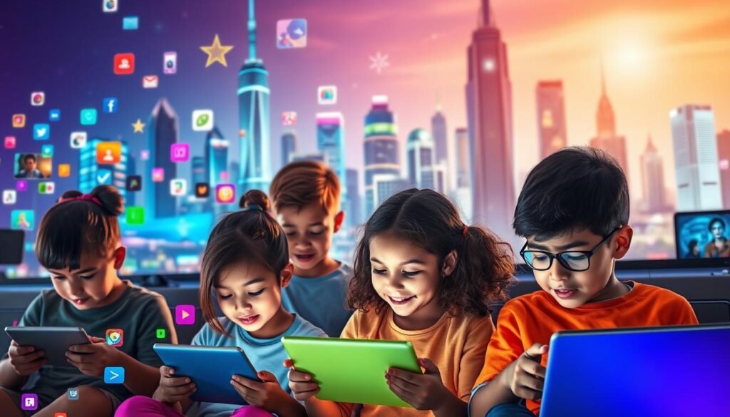 A vibrant, digital-themed scene showcasing various interactive media options for children. In the foreground, a group of diverse kids engages with tablets, laptops, and other digital devices, their faces lit by the glow of the screens. The middle ground features a colorful array of app icons, game controllers, and streaming platforms, hinting at the breadth of content available. The background depicts a futuristic cityscape with towering skyscrapers, neon lights, and a sense of technological advancement. The overall atmosphere is one of discovery, exploration, and the balance between educational and entertaining digital experiences.