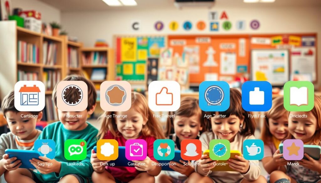 A vibrant, educational scene showcasing the importance of age-appropriate content in interactive apps. In the foreground, a group of children of varying ages engaged with colorful, engaging devices, their expressions reflecting age-appropriate entertainment and learning. In the middle ground, a diverse array of app icons, each designed with a specific age range in mind. The background features a warm, inviting classroom setting, with bookshelves, educational posters, and a large, friendly teacher's desk. Warm, diffuse lighting casts a welcoming glow, emphasizing the importance of tailoring digital experiences to the needs and abilities of young learners.