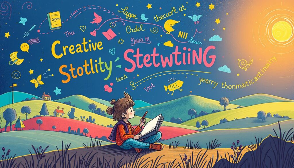 A vibrant, hand-drawn illustration depicting creative storytelling techniques. In the foreground, a whimsical character sits cross-legged, a pen in hand, thoughtfully crafting a narrative. The middle ground features an array of colorful storybook elements - swirling text, expressive silhouettes, and playful visual metaphors. The background showcases a dreamlike landscape, with rolling hills, a starry night sky, and a warm, glowing light source that imbues the scene with a sense of wonder and positivity. The overall composition conveys a mood of imagination, collaboration, and the power of storytelling to foster open, constructive communication.