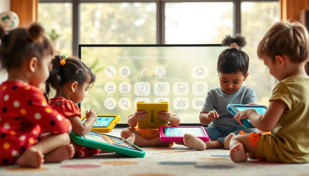 A vibrant, modern educational app interface with a warm, inviting atmosphere. In the foreground, a group of diverse toddlers engaged in playful, interactive activities on colorful touchscreen devices. The middle ground features a clean, minimalist design with intuitive icons and smooth animations, guiding young users through a thoughtful, structured learning journey. The background showcases a serene, nature-inspired setting with soft lighting, creating a calming and stimulating environment for productive play and discovery. The overall composition conveys the app's commitment to holistic child development, blending engaging technology with a nurturing, age-appropriate aesthetic.