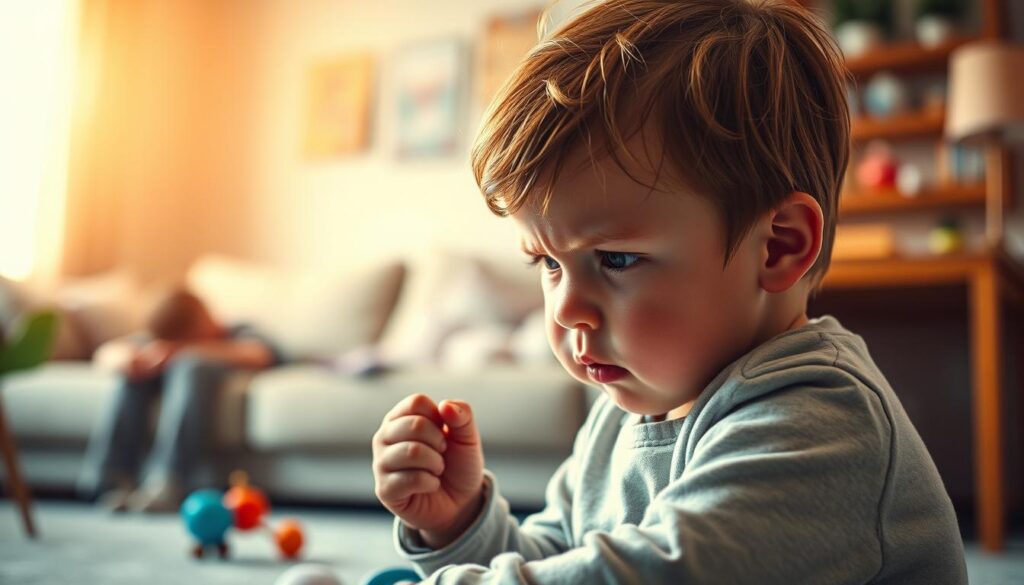 A vibrant, thoughtful scene depicting the root causes of children's whining. In the foreground, a young child sits with a furrowed brow, hands clenched in frustration. The middle ground reveals the child's unmet needs - a toy out of reach, a parent distracted, a sense of boredom or fatigue. The background frames this with a softly lit, cozy domestic setting, suggesting the underlying issues of family dynamics, lack of attention, and unfulfilled desires. The lighting is warm and inviting, but the child's body language conveys the tension and turmoil that often leads to whining. A contemplative, psychologically-nuanced image that captures the complex emotions and environmental factors at the heart of this common childhood behavior.