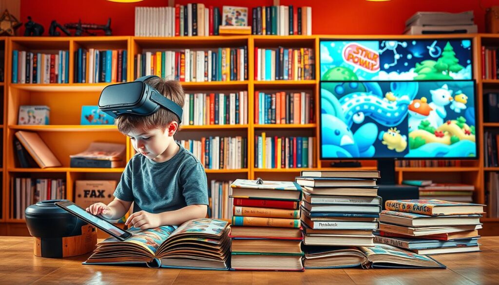 A vibrant, visually engaging comparison of educational value between interactive digital adventures and personalized physical books. Set in a warm, illuminated studio environment, the foreground depicts two children, one immersed in a tablet, the other exploring a tactile storybook. The middle ground showcases contrasting learning materials - a virtual reality headset, a stack of illustrated hardcovers. The background features shelves brimming with a diverse array of books, alongside futuristic digital displays. The composition conveys a sense of balance, highlighting the unique merits of both traditional and modern educational mediums through thoughtful, visually compelling juxtaposition.