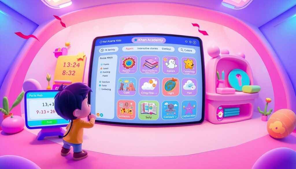 A visually engaging interface of the Khan Academy Kids app, showcasing a vibrant, intuitive, and educational design. The foreground features a playful, animated character interacting with various learning activities, such as solving math problems, exploring interactive stories, and navigating through a colorful, whimsical menu. The middle ground presents a clean, modern layout with clear navigation options and engaging educational content. The background elements evoke a sense of wonder and discovery, with soft lighting and a dreamlike, pastel-toned environment that nurtures a child's sense of curiosity and wonder. Captured with a wide-angle lens to provide a comprehensive view of the user experience, this image aims to convey the app's ability to captivate and educate young learners through its visually stimulating and interactive interface.