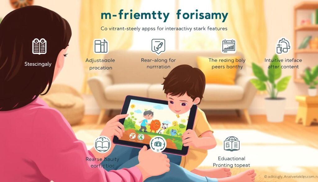 A warm, inviting illustration showcasing the parent-friendly features of interactive story apps for preschoolers. In the foreground, a parent and child sit together, intently engaged with a tablet displaying a vibrant, animated storybook. The middle ground features various icons representing the apps' key features - adjustable reading speeds, read-along narration, intuitive interface, and educational content. In the background, a cozy, home-like setting with soft lighting and natural textures creates a sense of comfort and ease. The overall mood is one of quality family time, learning, and discovery, encapsulating the ideal parent-child interactive experience with these engaging story apps.