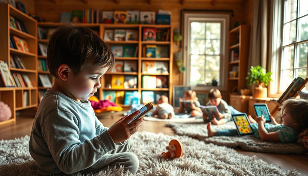 A warm-lit, cozy children's room filled with non-AI story apps on various digital devices. In the foreground, a young child intently interacting with a tablet, their face lit by the screen's glow. In the middle ground, other kids sprawled on plush rugs, engaged with storybooks and interactive apps on phones and tablets. The background showcases shelves brimming with vibrant, imaginative illustrations from classic and modern storybooks. Natural light streams in through large windows, casting a soft, inviting ambiance throughout the scene. The overall mood is one of wonder, creativity, and the joy of discovering stories through technology-based, non-AI experiences.