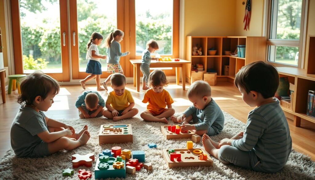 A warm, sun-dappled classroom with young children intently engaged in a variety of educational games and activities. In the foreground, a group of 3-5 year olds sit cross-legged on a plush rug, playing with colorful wooden puzzles and shape sorters. In the middle ground, a few slightly older kids stand at a low table, collaborating on a building project with large plastic blocks. Through the windows in the background, a lush green schoolyard is visible, where a couple of children chase each other in a game of tag. The lighting is soft and natural, creating a cozy, nurturing atmosphere. The scene conveys a sense of discovery, curiosity and joyful learning.