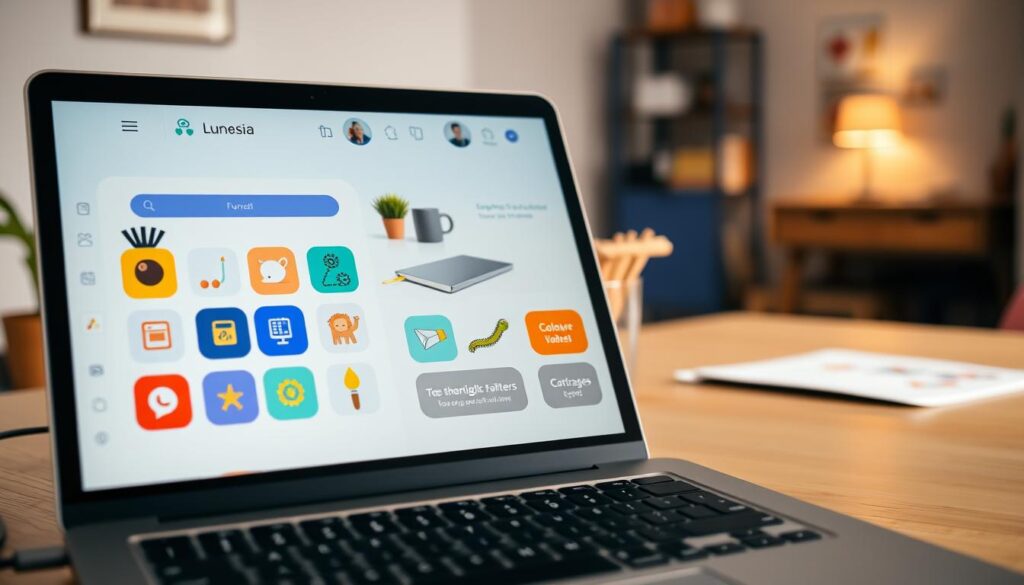 A well-lit and visually appealing setup of the Lunesia app on a laptop or tablet screen. The foreground shows the app's user interface, with clean and intuitive navigation elements, vibrant colors, and engaging graphics designed to captivate young users. The middle ground features a thoughtfully arranged workspace, including a stylish desk, a comfortable chair, and minimal yet functional office supplies, creating a productive and focused environment. The background suggests a cozy, family-friendly setting, with warm lighting, subtle natural elements, and perhaps a glimpse of a child's drawing or a family photograph, conveying a sense of care and nurturing that aligns with the app's purpose. The overall impression is one of a seamless, user-friendly, and welcoming app setup that sets the stage for an enjoyable and enriching educational experience. Prompt