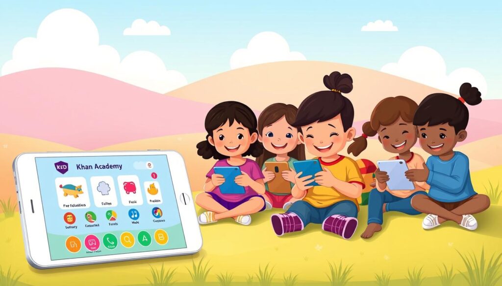 A well-lit, high-quality digital illustration depicting the Khan Academy Kids free educational app. In the foreground, the app's vibrant, playful user interface is prominently displayed, showcasing its engaging educational content and interactive features for preschoolers. The middle ground features a group of diverse, smiling children actively using the app on various mobile devices, representing the app's broad accessibility and appeal. The background depicts a serene, pastel-toned landscape with gentle hills and a whimsical, cloud-dotted sky, evoking a sense of educational enrichment and learning in a nurturing environment. The overall scene conveys the app's value proposition of providing a comprehensive, cost-effective educational experience for young learners.