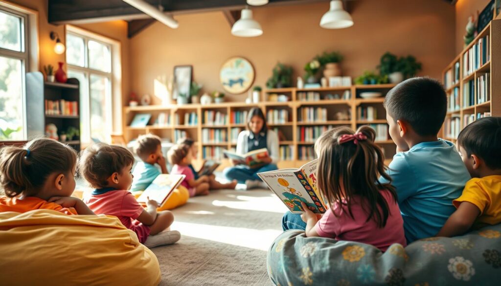 A well-lit, interactive reading program for children, with a warm, inviting atmosphere. In the foreground, a group of kids sitting on bean bags, immersed in colorful, engaging storybooks. In the middle ground, a teacher or librarian guiding the children, encouraging them to explore the stories. The background features a cozy, well-stocked bookshelf, and natural light streaming in through large windows, creating a sense of wonder and discovery. The overall scene exudes a sense of imagination, learning, and a love for reading.