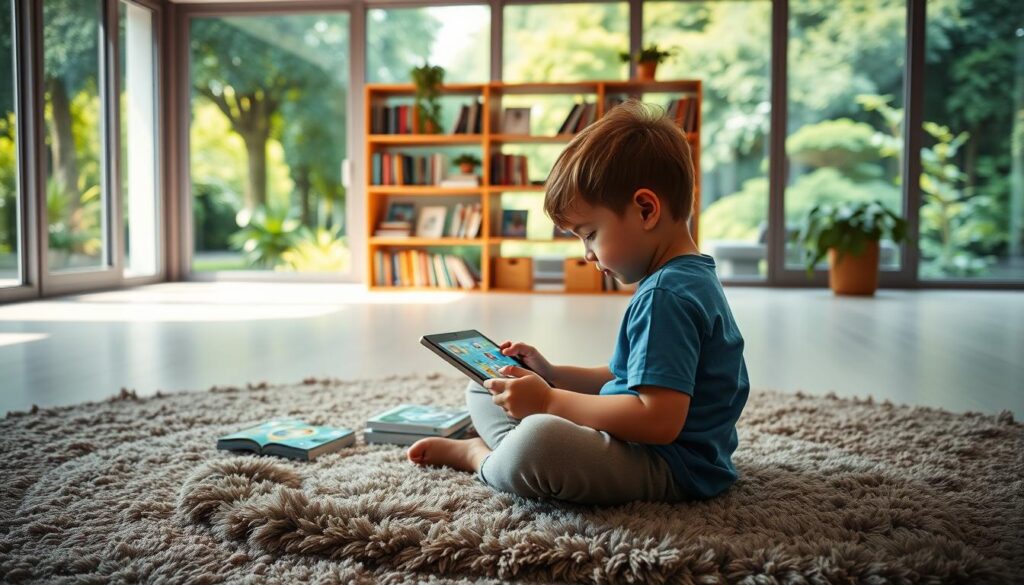 A well-lit, spacious room with large windows overlooking a lush garden. In the foreground, a child sits cross-legged on a plush rug, engrossed in a tablet, surrounded by various educational apps with vibrant icons and engaging graphics. The middle ground features a wooden bookshelf with a mix of physical books and e-readers, conveying a balanced approach to learning. The background depicts a serene, nature-inspired scene, with soft lighting filtering through the windows, creating a warm, inviting atmosphere conducive to focused reading and discovery.
