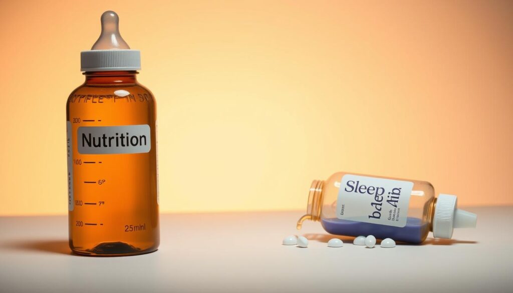 A well-lit, still-life scene depicting two bottles - one labeled "Nutrition" and the other "Sleep Aid" - set against a muted, pastel-colored background. The "Nutrition" bottle stands upright, filled with a vibrant liquid, while the "Sleep Aid" bottle is tilted, its contents spilling out. The lighting casts a warm, inviting glow, emphasizing the contrast between the two bottles and their intended purposes. The scene conveys a sense of balance and the importance of understanding the role of bedtime bottles in a child's routine.