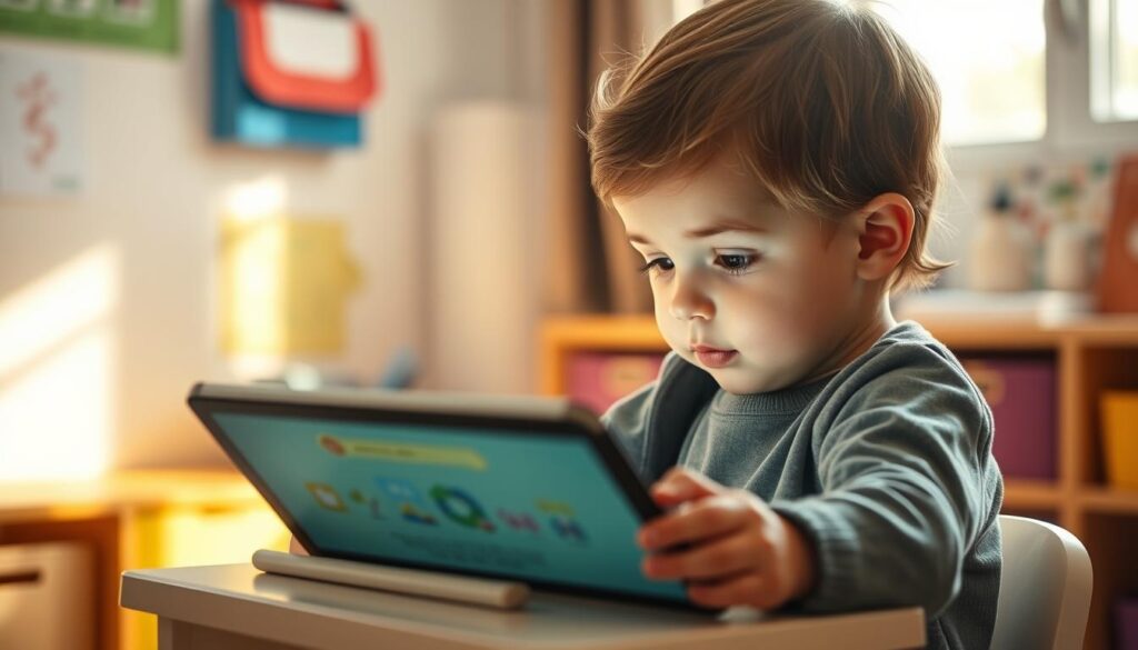 A young child, seated at a small desk, intently focused on a tablet in front of them. Soft natural light filters through a window, casting a warm glow across the scene. The child's face is illuminated with a sense of curiosity and wonder, as they navigate through interactive educational content. The background is slightly blurred, but suggests a cozy, welcoming learning environment, with hints of educational materials and supplies. The composition emphasizes the child's engaged and immersed state, capturing the essence of effective, personalized learning.