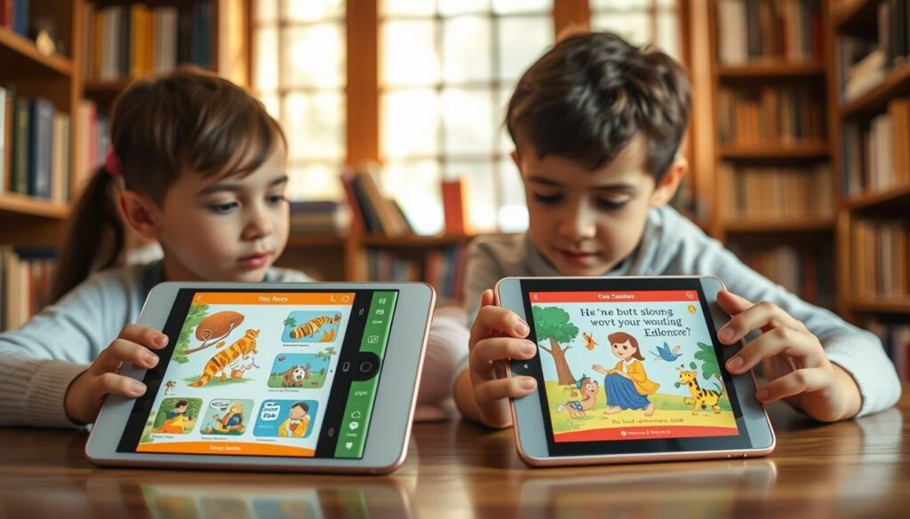 An educational story apps comparison scene in a warm, inviting atmosphere. In the foreground, two mobile devices showcase engaging app interfaces with vibrant illustrations and interactive elements. In the middle ground, a pair of curious children explore the apps, their faces lit by the glow of the screens. The background features a cozy, book-filled study, with soft lighting and natural wood accents, conveying a sense of learning and discovery. The overall composition highlights the educational value and user-friendly design of the story apps, inviting the viewer to imagine the enriching experiences they provide.