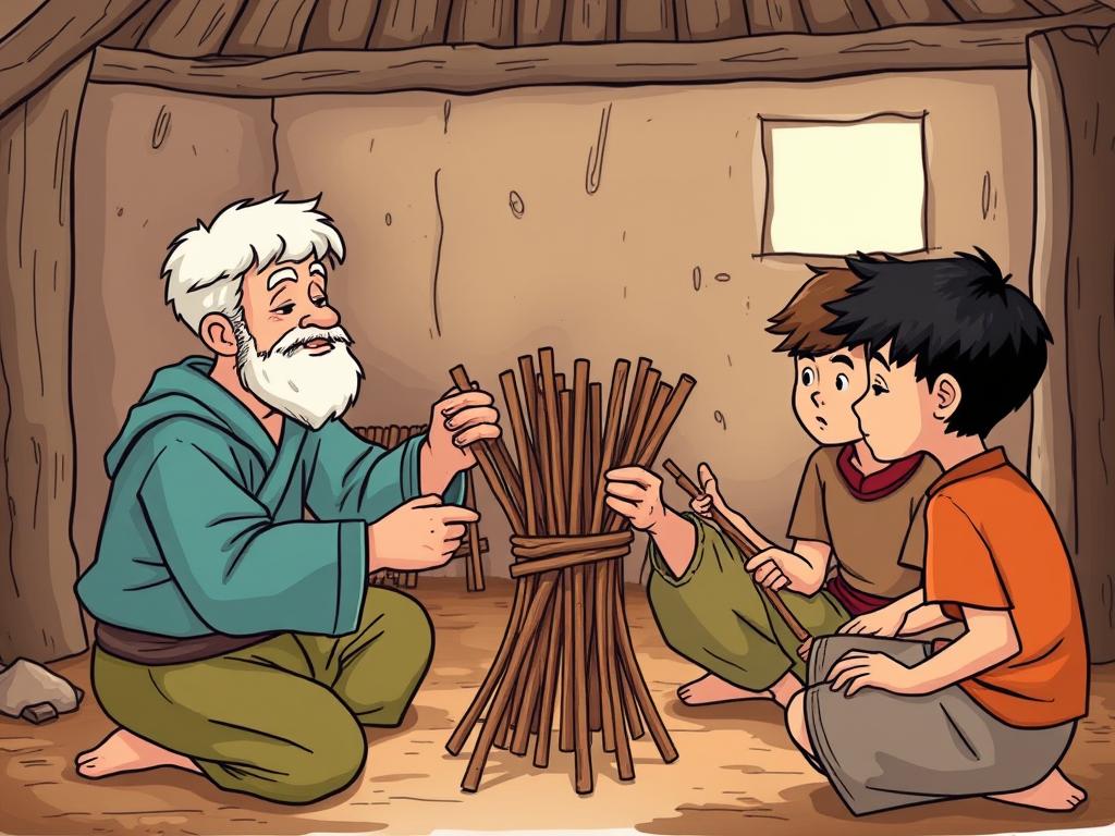 An elderly father demonstrating to his sons how a bundle of sticks cannot be broken together but individual sticks break easily An elderly father demonstrating to his sons how a bundle of sticks cannot be broken together but individual sticks break easily