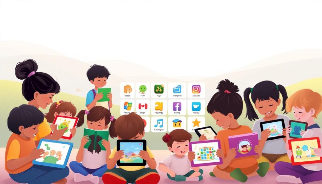 An expansive digital illustration depicting the comparison of multilingual support across various story apps for bilingual children. In the foreground, a group of diverse children of different ages and ethnicities engaged with colorful mobile devices, each showcasing a distinct app interface. The middle ground features a clean, minimalist grid layout displaying app icons and titles, allowing for a side-by-side comparison. The background portrays a serene, abstract landscape with soft, muted gradients, creating a calming, educational atmosphere. The lighting is soft and diffused, emphasizing the digital, technological nature of the scene. The overall composition conveys a sense of connectivity, learning, and the importance of providing multilingual support in children's educational apps.