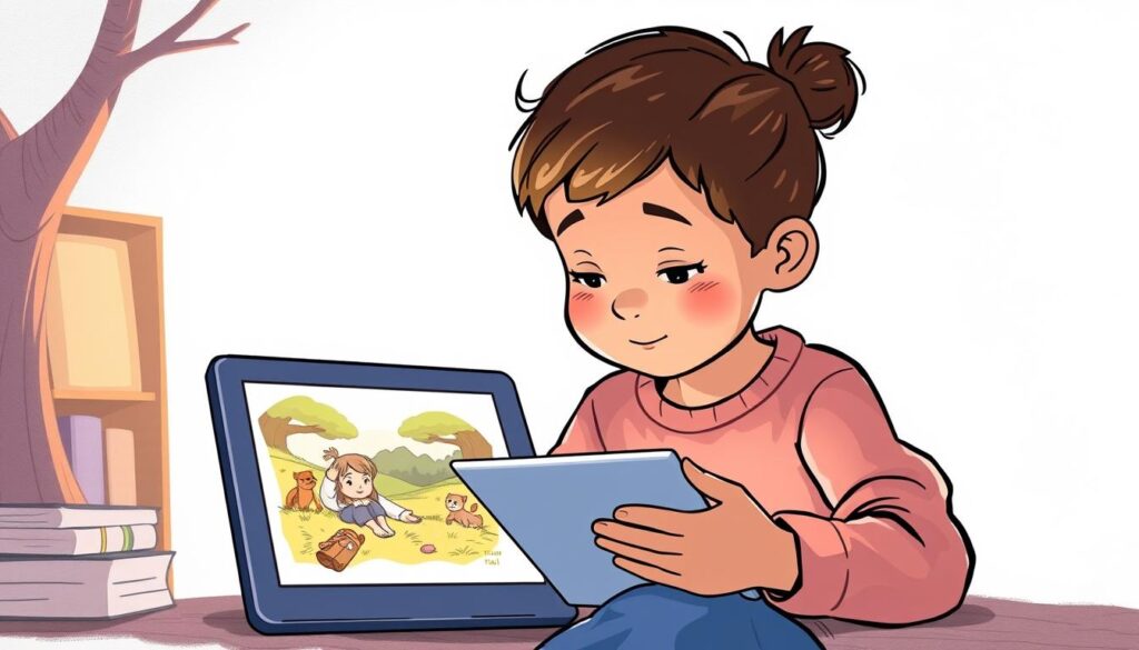 An image of a child reading a story on a tablet with an interactive storyline.