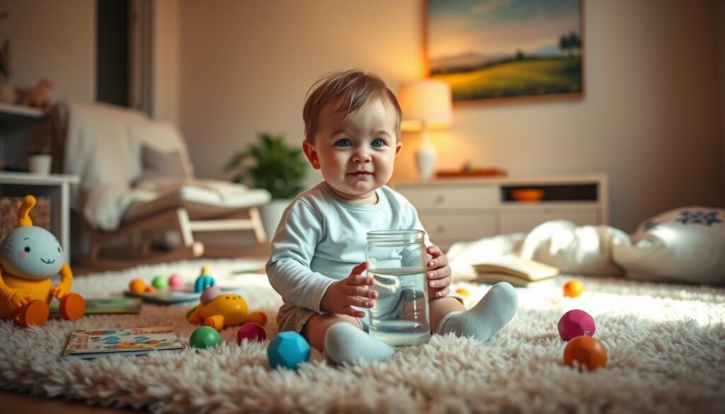 Bedtime routine strategies: A cozy, dimly lit bedroom scene with a young child sitting on a soft, plush rug, surrounded by an array of age-appropriate toys, books, and a sippy cup filled with water. In the background, a rocking chair and a peaceful, soothing landscape painting on the wall, creating a tranquil atmosphere. Warm, natural lighting casts a gentle glow, and the child's expression conveys a sense of calm and relaxation. The overall composition emphasizes the importance of a consistent, comforting bedtime routine to ease the transition off the bedtime bottle.